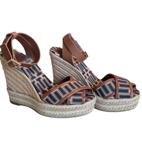 Tory Burch Wedge Espadrille Sandals–Beaded Pattern, Brown Leather Straps, Size 9 - Picture 1 of 14